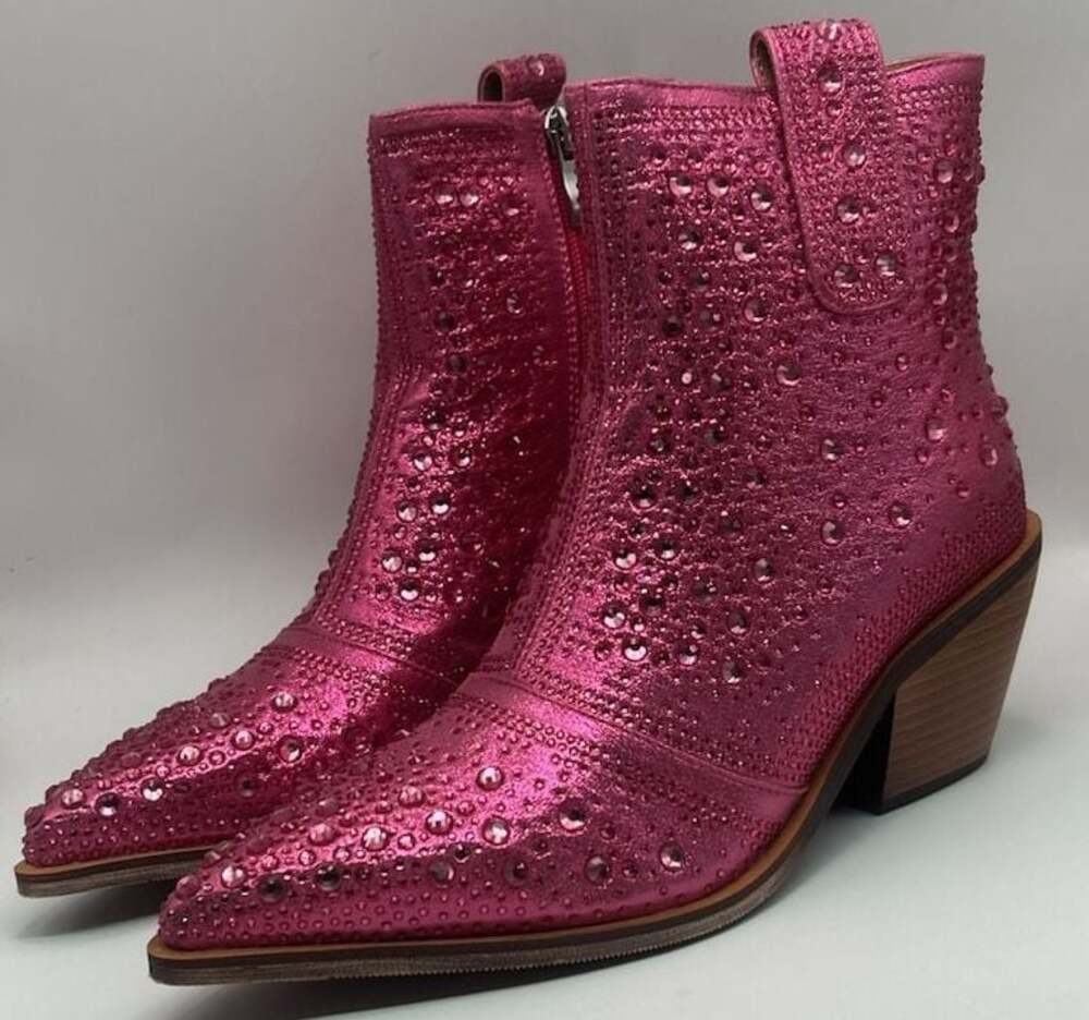 ISNOM Pink Metallic Rhinestone Sparkly Ankle Cowgirl Boots